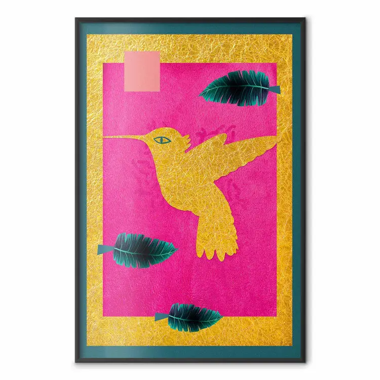 Colibrì dorato - astrazione con uccello e foglie verdi su sfondo rosa