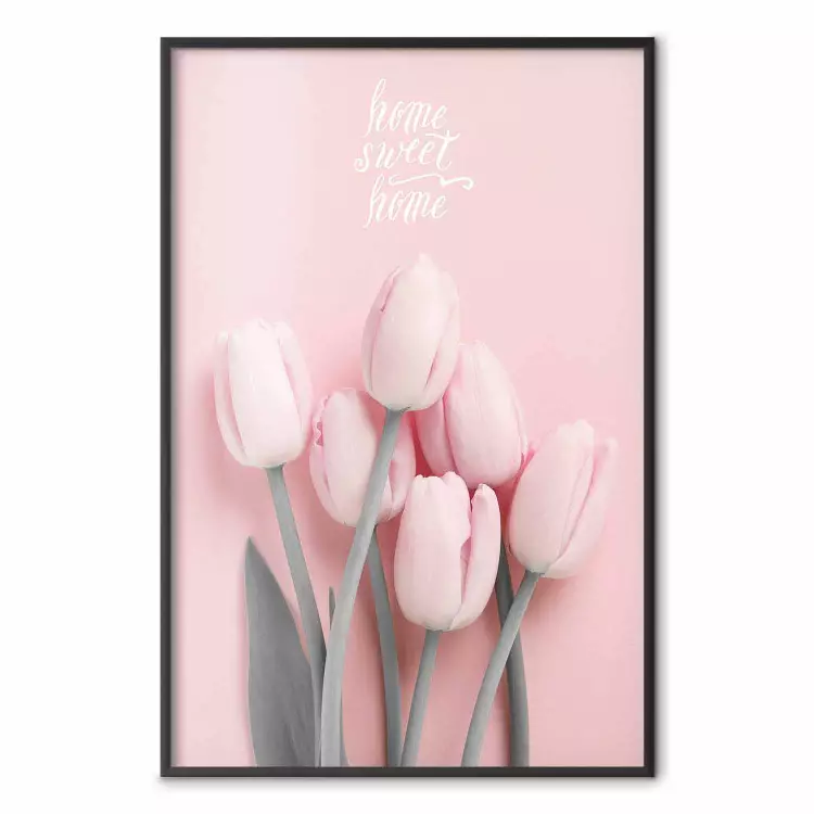 Sei tulipani: fiori rosa con iscrizioni su sfondo pastello