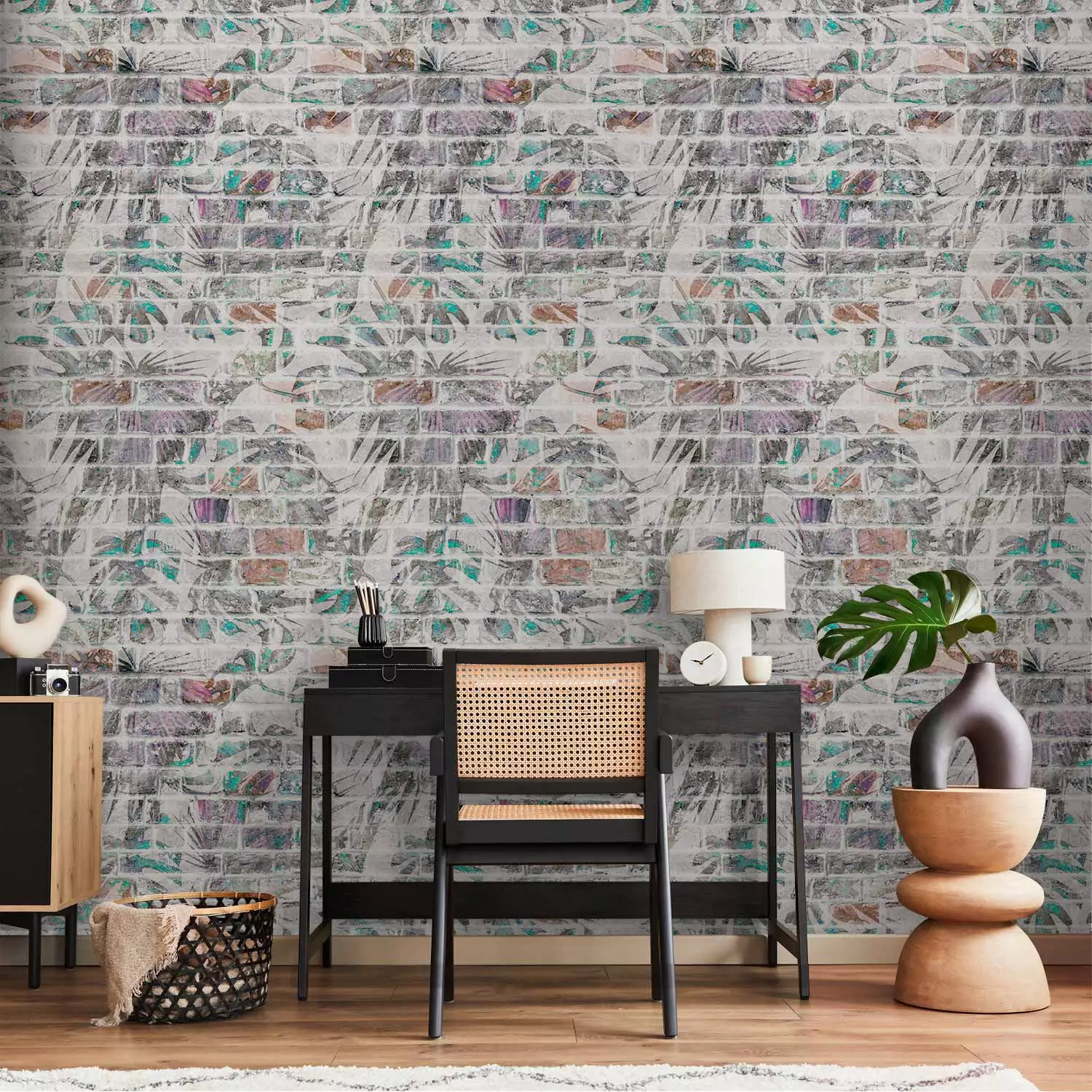 Carta parati design Parete di palme Mattone bimago