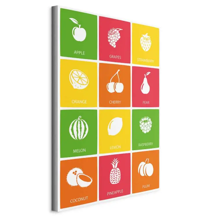 Tabella della frutta - grafica con icone bianche e nomi inglesi