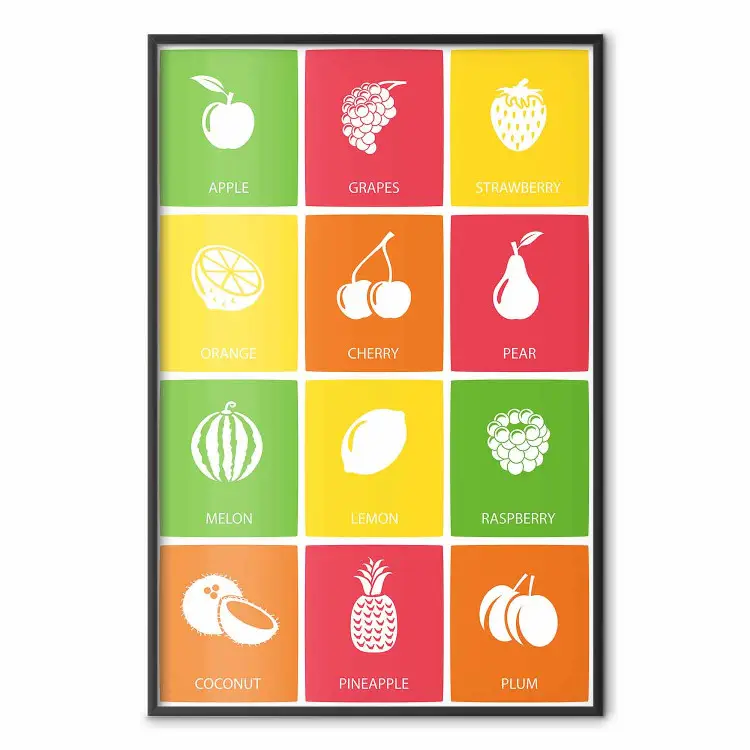 Frutti colorati - lavagna con quadrati colorati e grafica di frutta