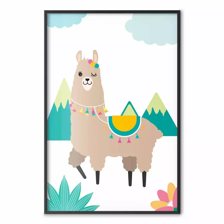 Lama stravagante: animale colorato, sfondo montagne