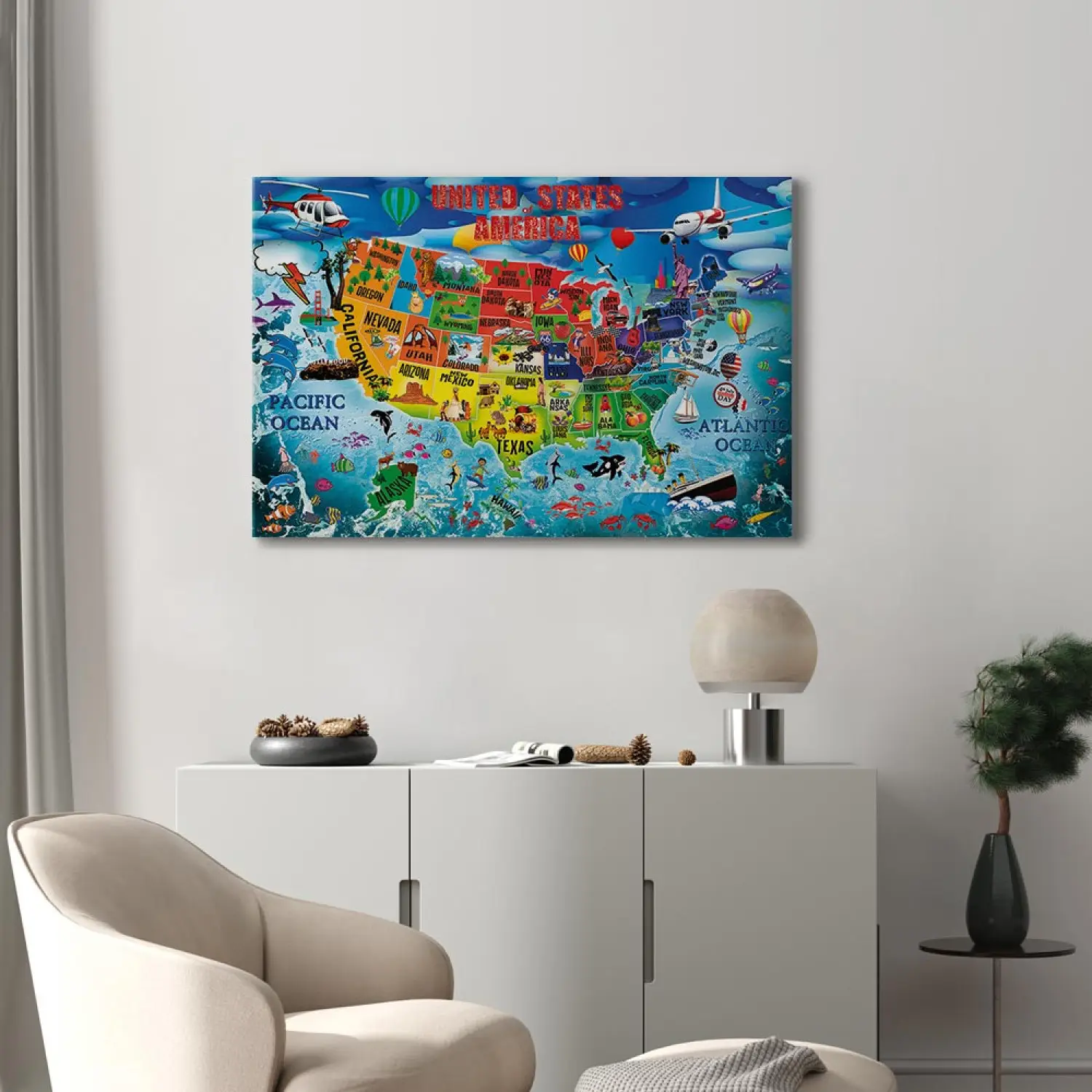Quadro Cartina USA Su Legno 30x21 Cm - Mappa Stati Uniti Con Capitali, Perfetto Per Parete O Tavolo