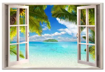 Quadro Moderno Con Finestra E Palme Tropicali 100x75 Cm - Stampa Su Tela Canvas Con Telaio In Legno, Pronto Da Appendere, Arredamento Da Parete - 3