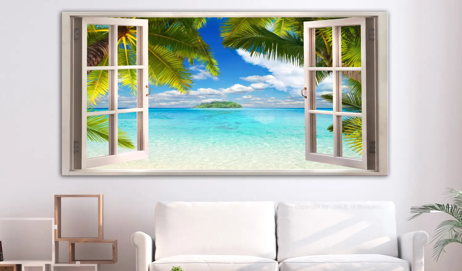 Quadro Su Tela 100x75 Cm - Finestra Con Palme E Isola Tropicale - Stampa Fine Art Made In Italy