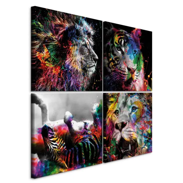 Runa Art Quadro Murale 5 Pezzi Tigre Colorata Su Sfondo Nero, Stile Astratto, Tessuto Non Tessuto 110g/m², Made In Germany, 040853b