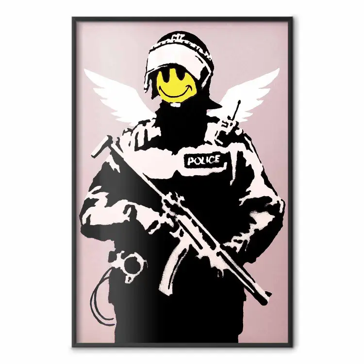 Agente - uomo con faccia gialla e ali, stile Banksy