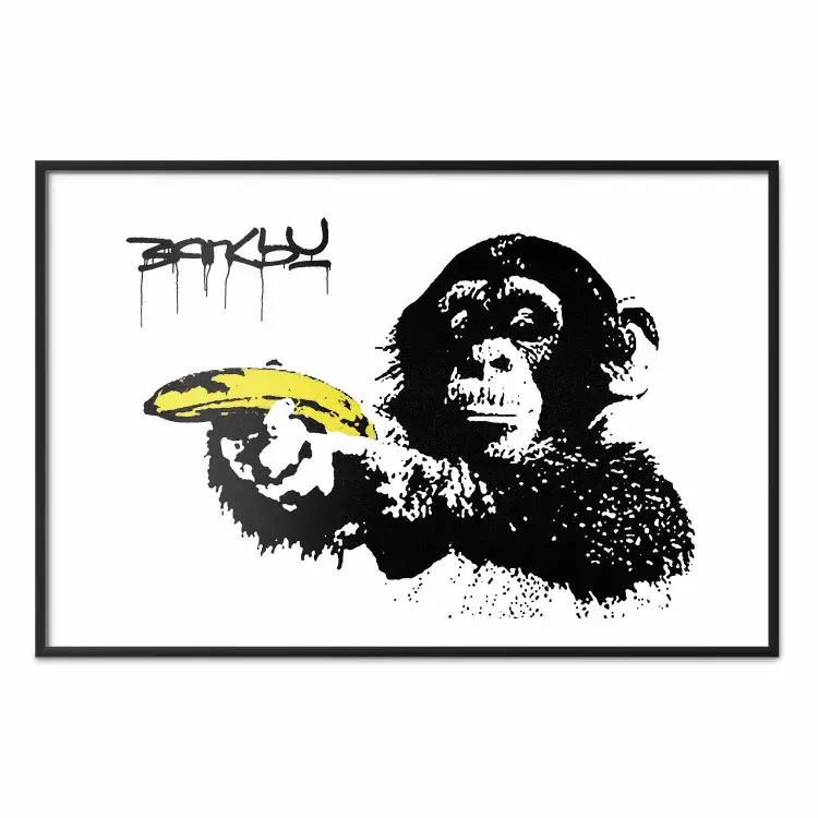 Scimmia con banana - animale nero con frutto giallo su sfondo bianco