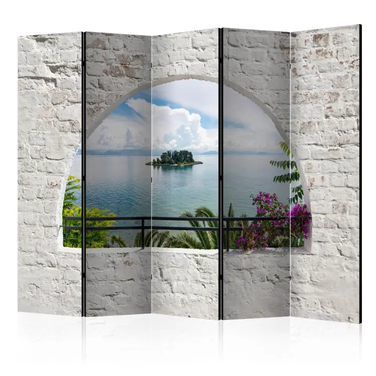 Il Paravento Decorativo Isola Di Corfù II - Vista Da Una Finestra Su Mare E Isola Con Alberi 134080