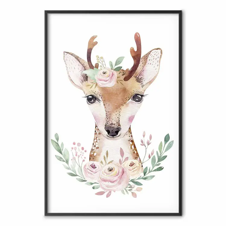 Cervo Juliusz - composizione di piante rosa e cervo su sfondo bianco