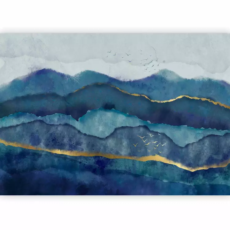 Paesaggio astratto - montagne blu con uccelli e disegni dorati