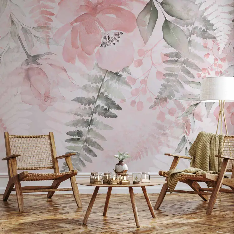 Melanconia rosa - motivo di fiori e foglie vari in stile acquerello