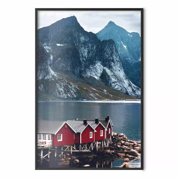 Calma blu - paesaggio di casetta rossa e lago su montagne