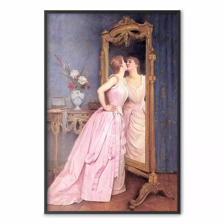 Vanità - donna in abito rosa lungo davanti a specchio