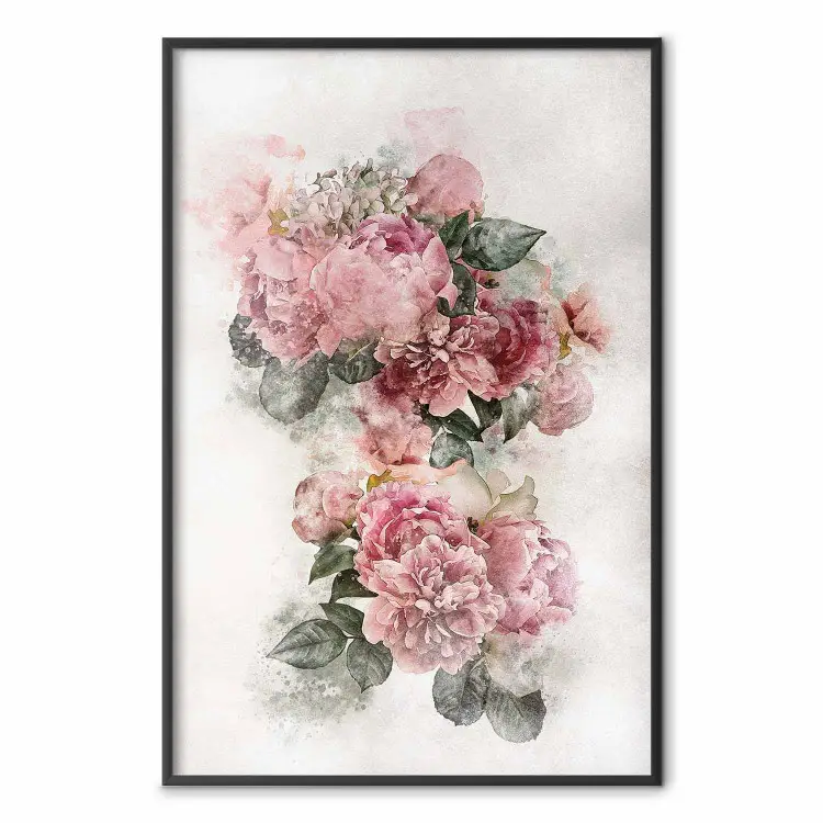 Peonie in fiore - acquerello di fiori su sfondo grigio