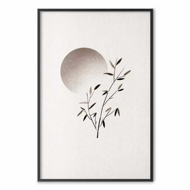 Minimalismo orientale - ramo con foglie e sole in stile japandi su sfondo chiaro