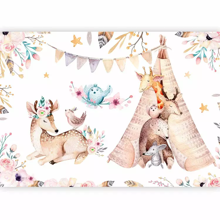 Amici delle fiabe - animali e fiori colorati su sfondo uniforme