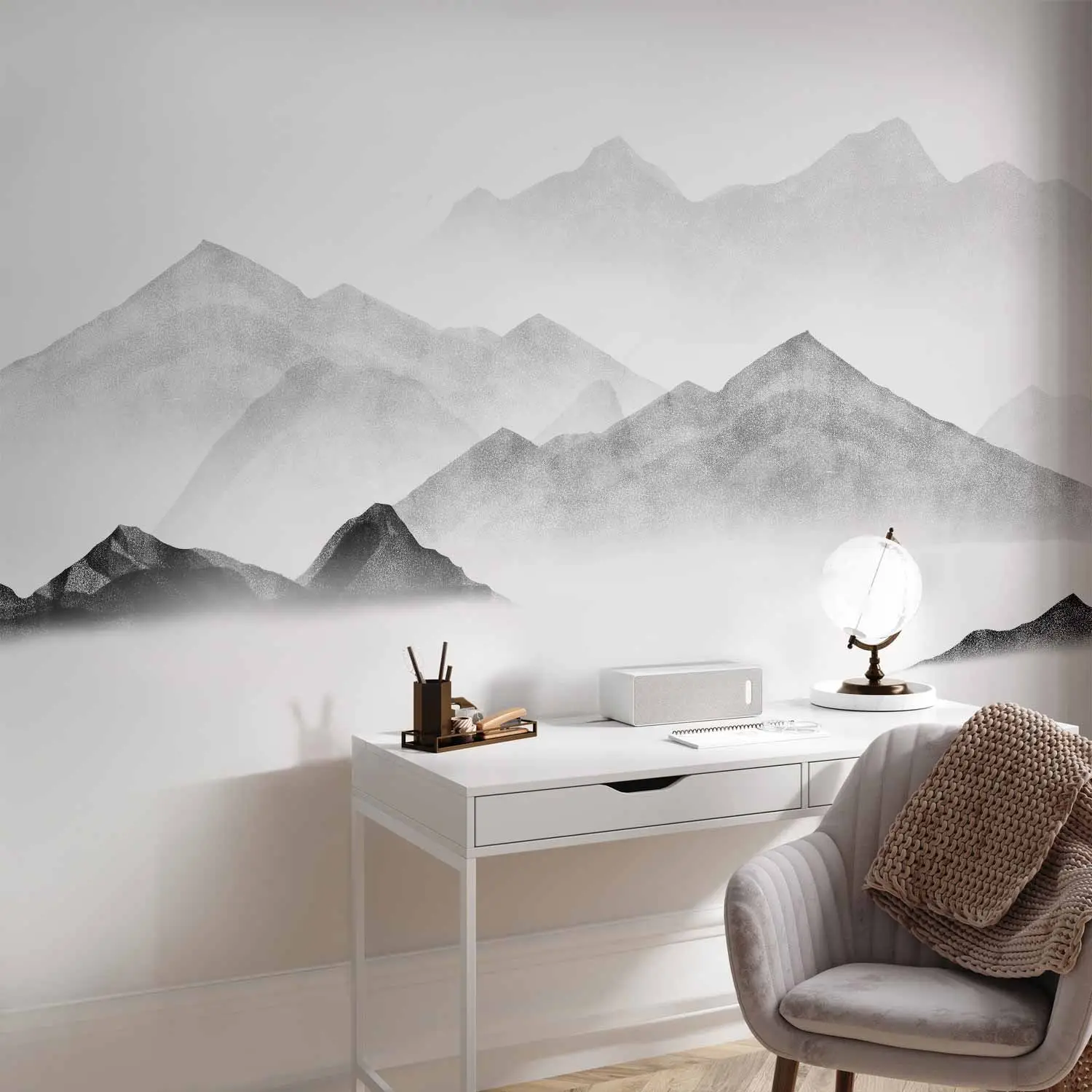 Stampa artistica da parete su tela con foresta, paesaggio nebbioso e nebbioso, stampa fotografica monocromatica contemporanea, con cornice, decorazione da parete per soggiorno, camera da letto