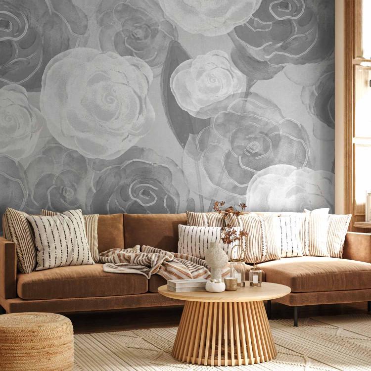 Carta da parati Dense Roses - Painted Large Flowers in Shades of Gray