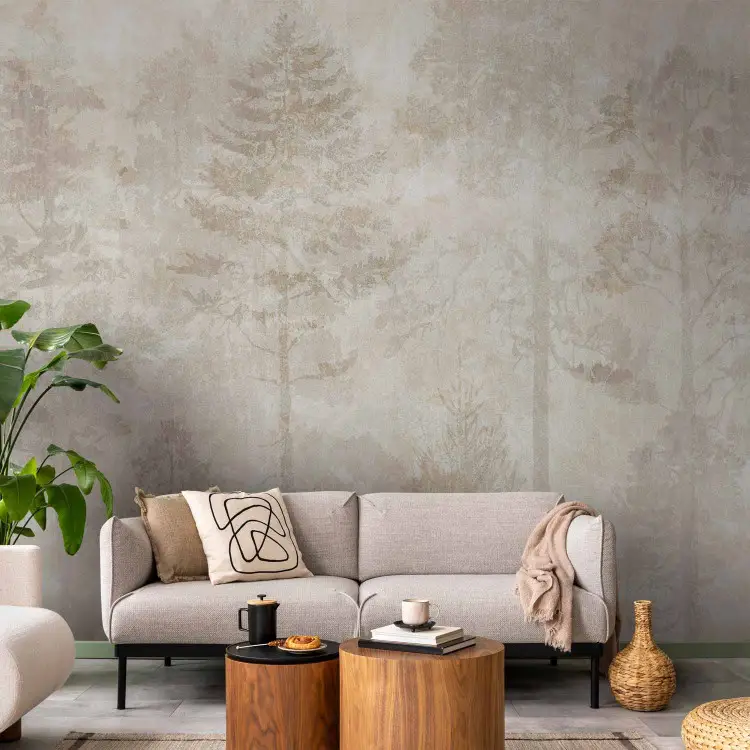 Foresta addormentata - grafica con alberi su sfondo beige
