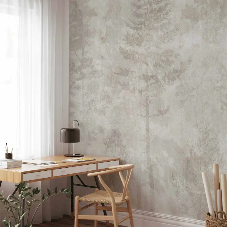 Foresta addormentata - grafica con alberi su sfondo beige pietra