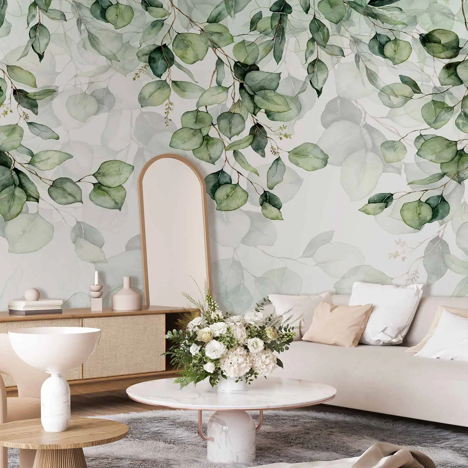 Carta da parato Decorative Leaves A Floral Motif in Light Greens