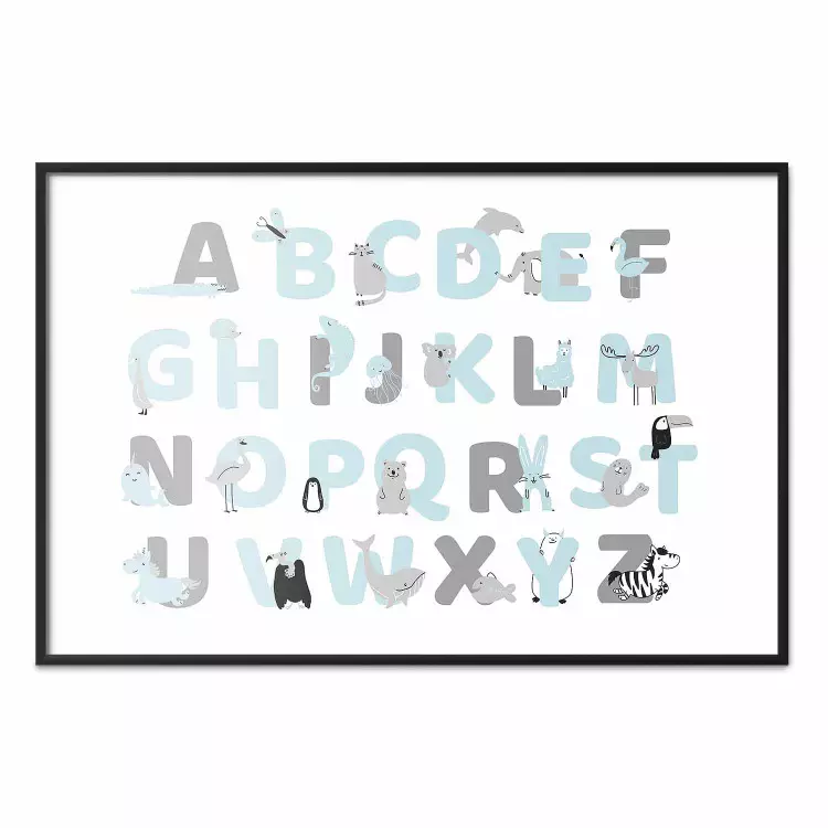 Alfabeto inglese per bambini - lettere grigie e blu con animali