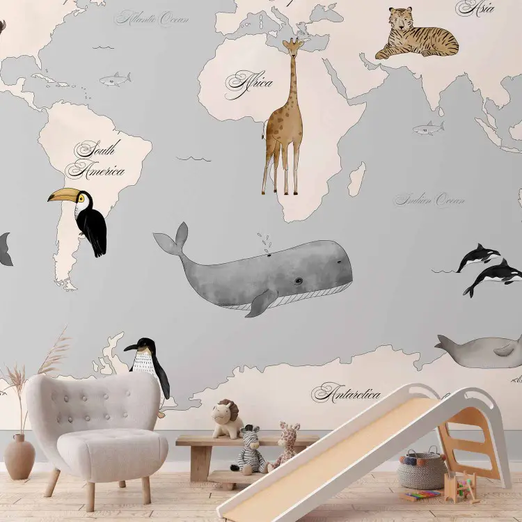 Mappa del mondo per bambini - continenti e oceani in tonalità blu