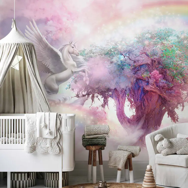 Unicorno e albero magico - terra rosa e arcobaleno tra le nuvole