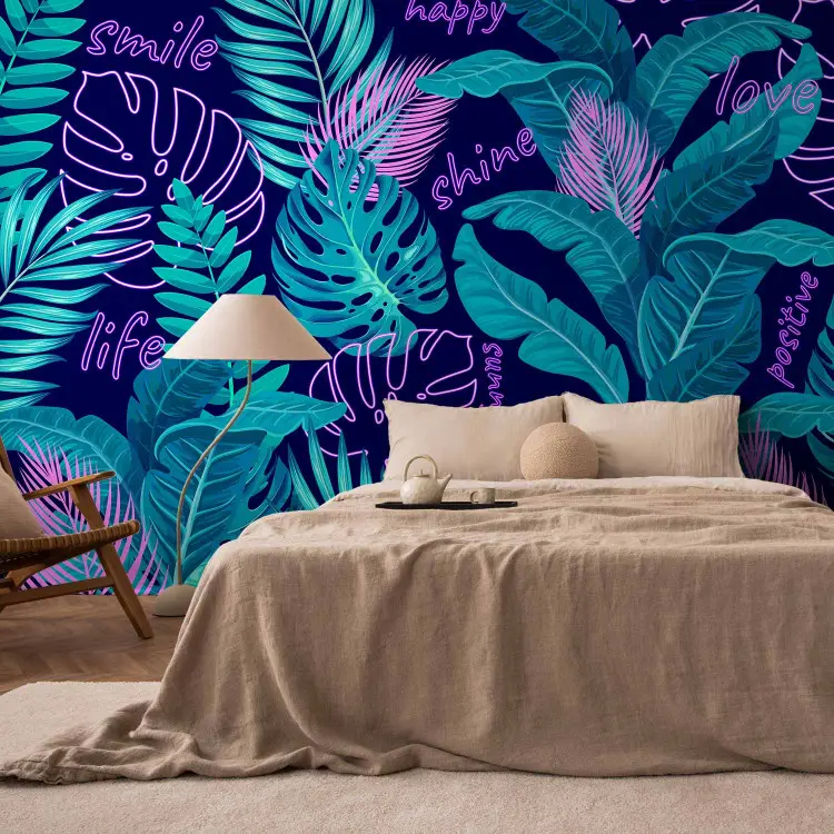 Neon jungle - foglie e scritte in colori vivaci e brillanti