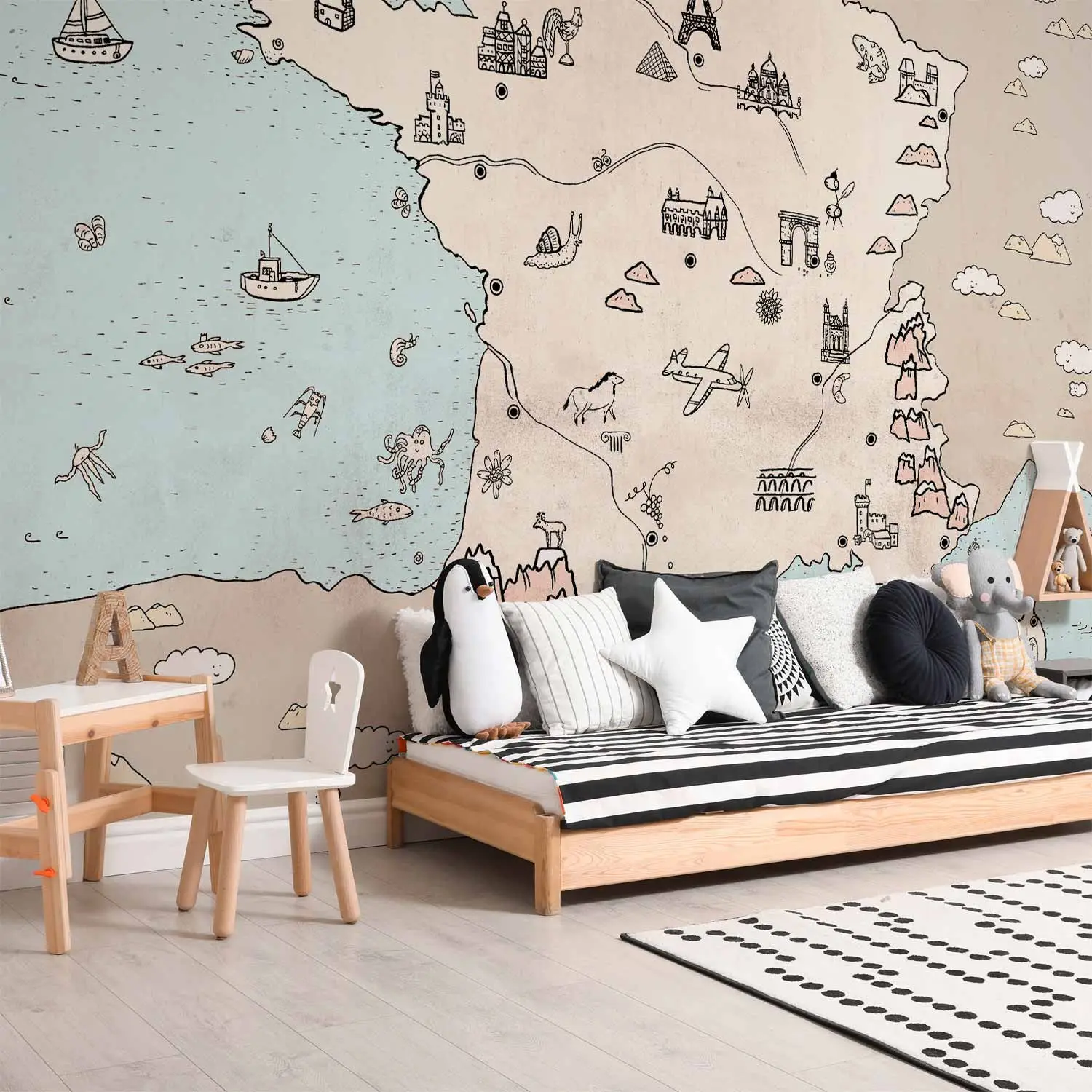 ABAKUHAUS Arazzo Da Parete E Copriletto Mappa Della Francia Con Doodle – 110x150 Cm – Microfibra Morbida Per Camera Da Letto - 3