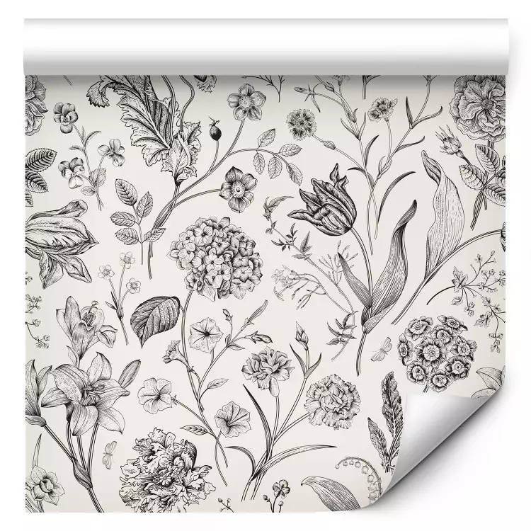 Prato in stile vintage - schizzi di fiori in bianco e nero