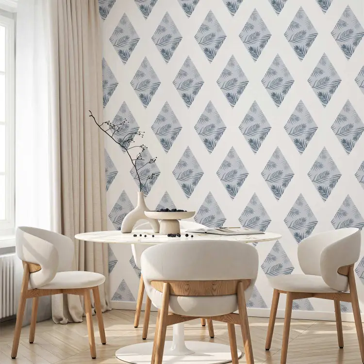 Pattern - foglie di palma su rombi blu collegati da strisce bianche