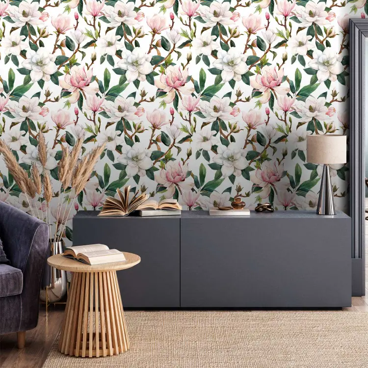 Splendida magnolia - motivo di fiori bianchi e rosa sui rami
