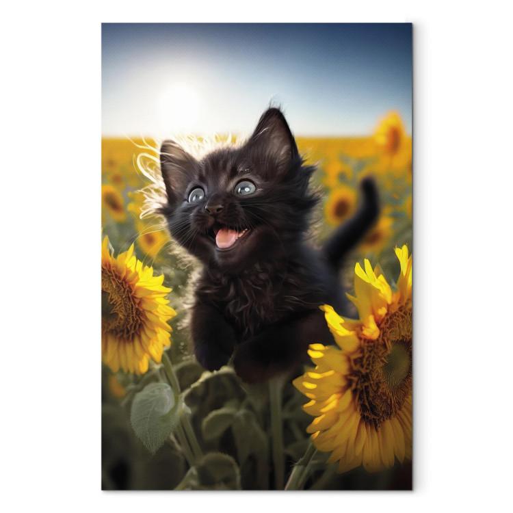 Quadro su tela AI Cat - Black Animal Dancing in a Field of Sunflowers in a  Sunny Glow - Horizontal - Girasoli - Fiori - Quadri