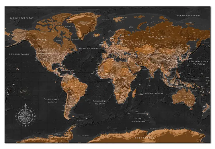 Mappa marrone del mondo (PL) - mappa politica del mondo in lingua polacca su sfondo scuro