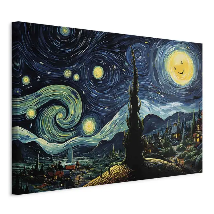 Notte stellata - paesaggio in stile van Gogh con luna sorridente