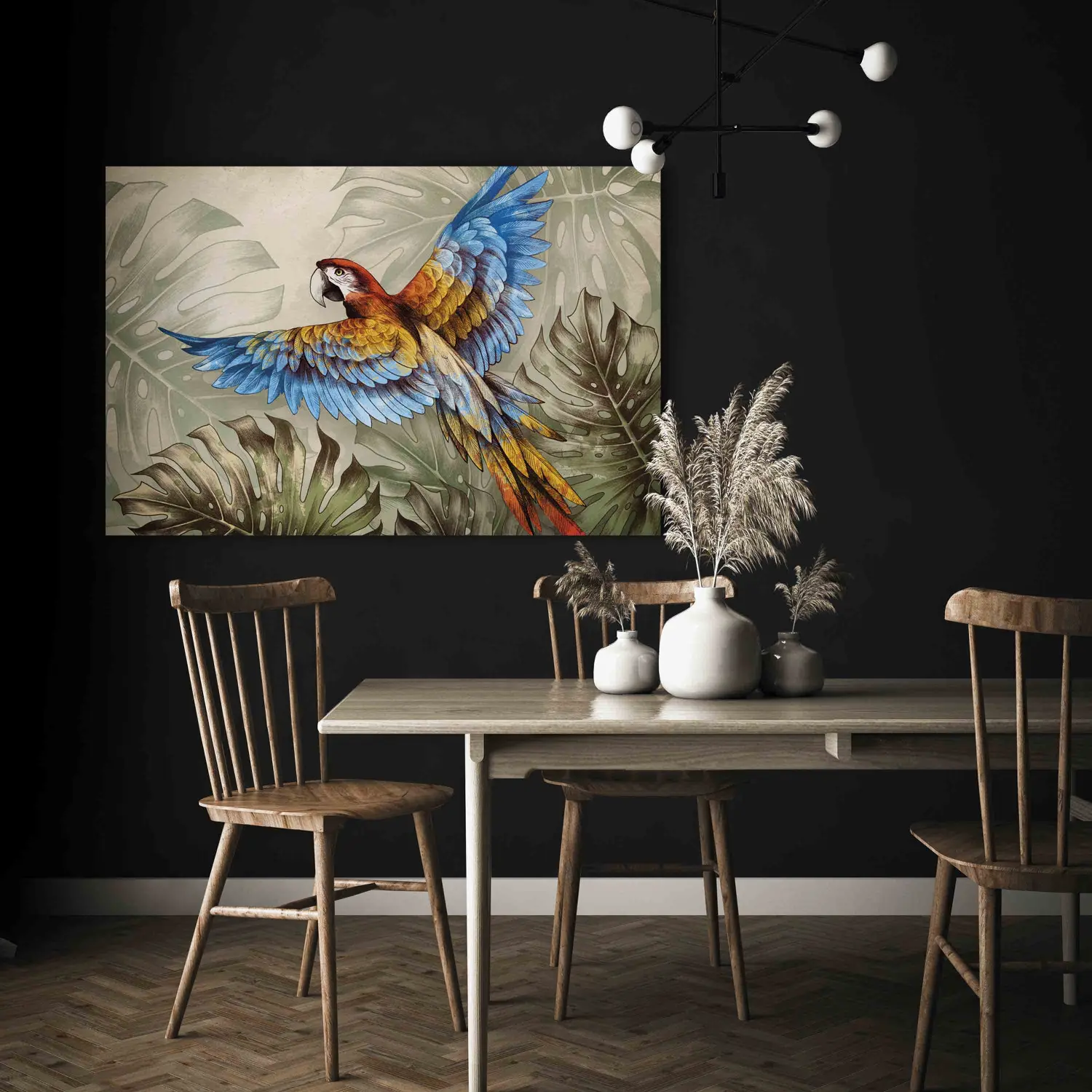 Quadro Deco Italia Pappagalli Tropicali Su Pannello Legno 72x48 Cm - Stampa Moderna Made In Italy