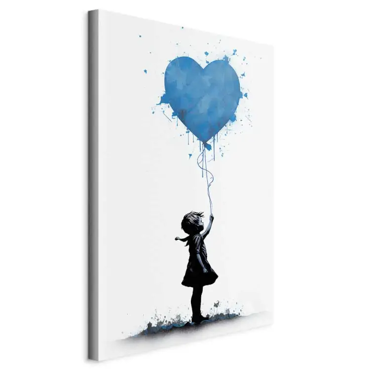 Cuore blu - graffito in stile Banksy di un bambino con un palloncino