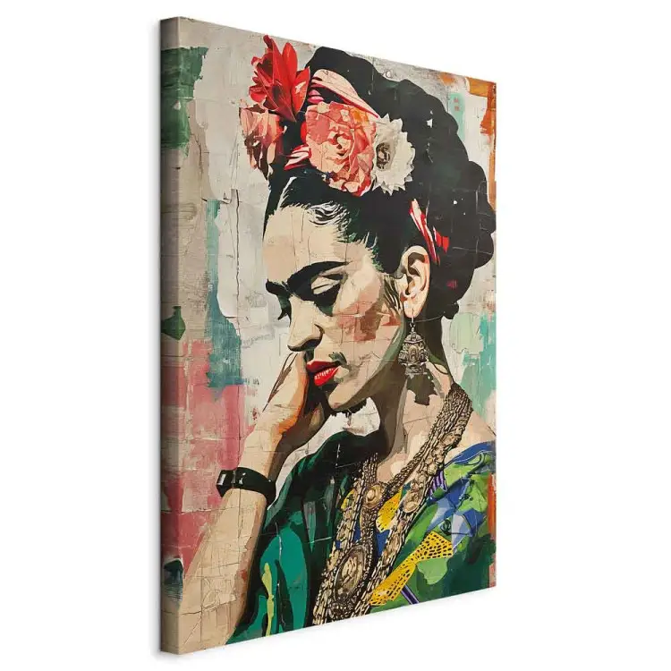 Frida Kahlo - ritratto colorato di una donna su un muro crepato