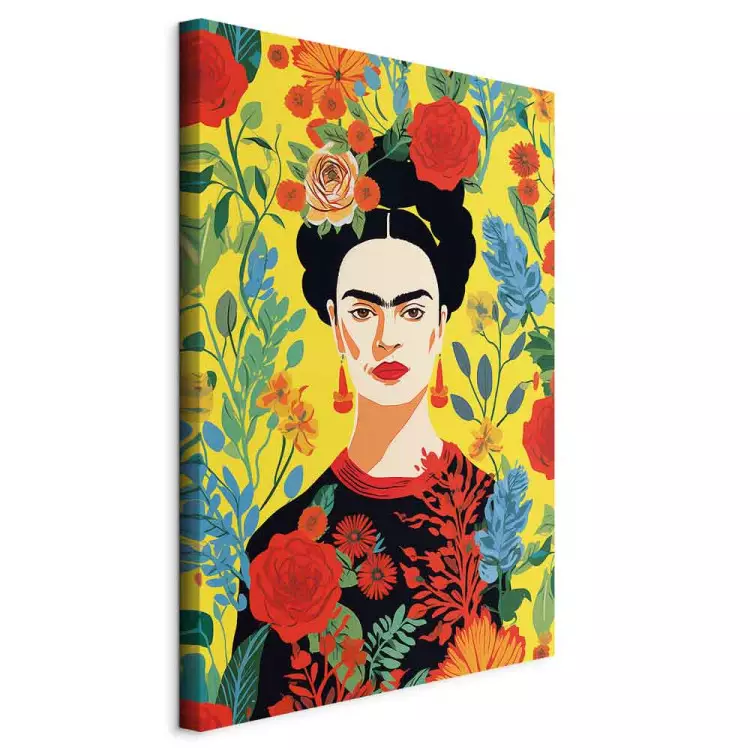 Frida Kahlo - ritratto dell'artista su sfondo floreale giallo