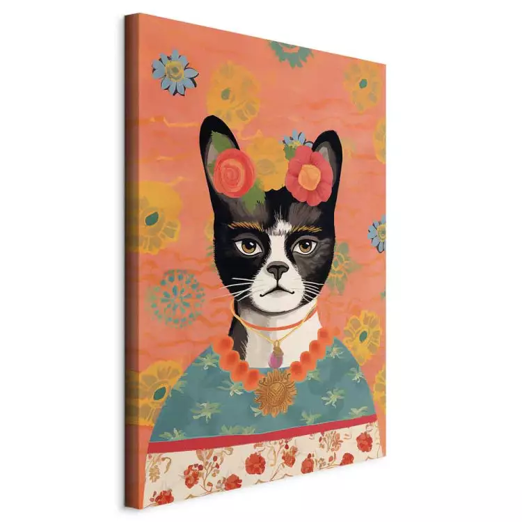 Ritratto di animale - gatto con fiori ispirato all'immagine di Frida