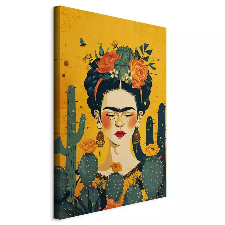 Frida con cactus - ritratto della pittrice su sfondo arancione