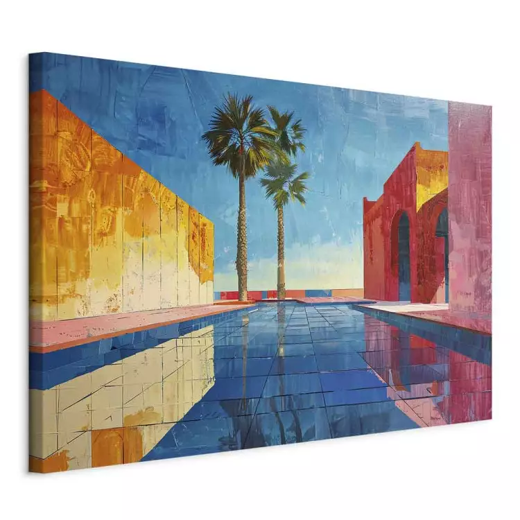 Palme e architettura - pareti colorate e piscina blu in clima caldo