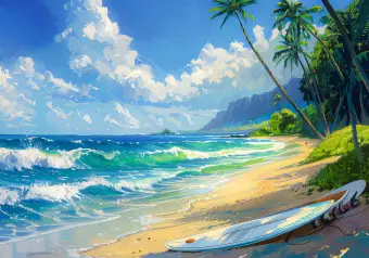 Carta Da Parati 3D 200x140 Cm Paesaggio Tropicale Con Palme E Mare – Tessuto Non Tessuto Opaco Impermeabile, Per Soggiorno, Camera E Ufficio
