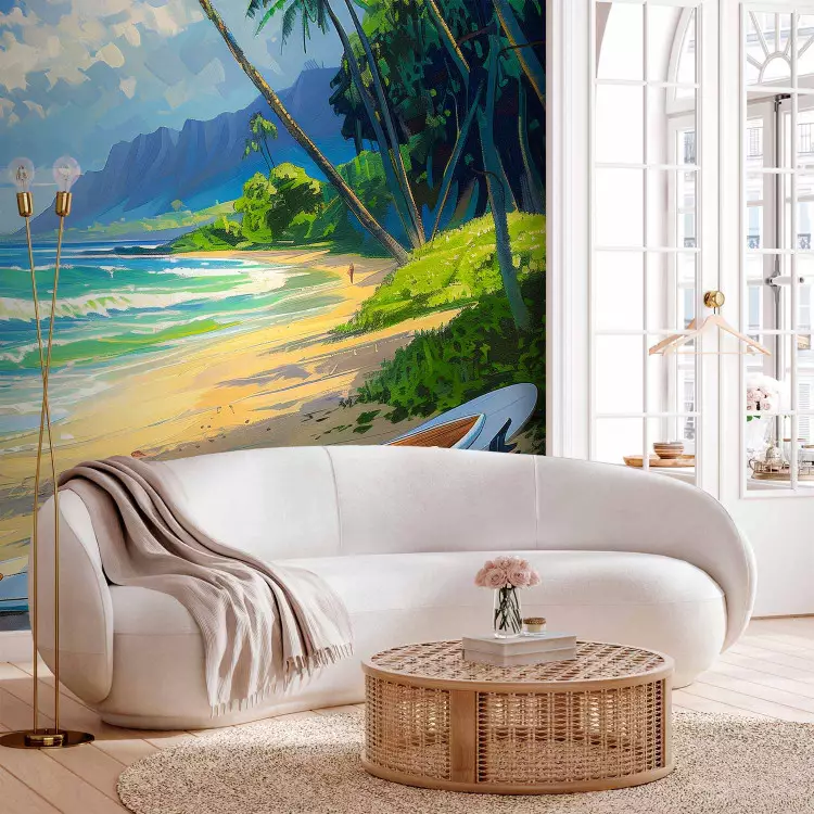 Spiaggia tropicale - onde oceano, palme, tavola da surf