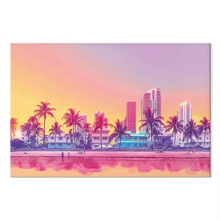 Spiaggia al neon - edifici colorati e palme al tramonto