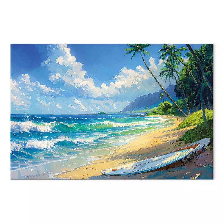 Tavola solitaria - spiaggia con onde dell'oceano e palme sullo sfondo