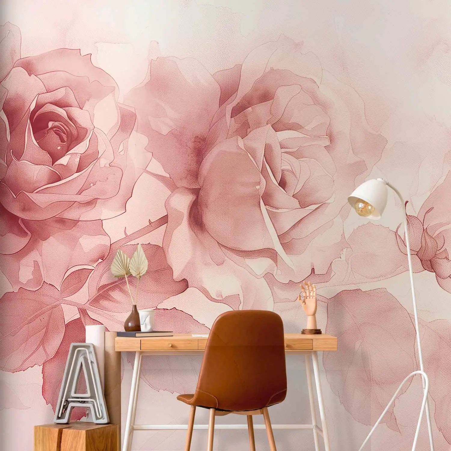 Adesivi Murali Fiori Acquerello Rosa - Decorazione Parete Removibile, Effetto Carta Da Parati