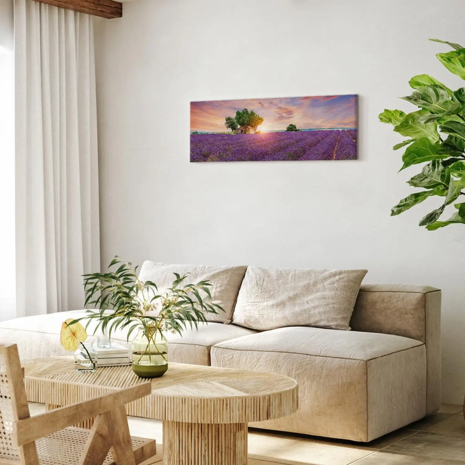 Quadro in vetro panoramico, da parete in vero vetro, lavanda spa still life | 100 x 40 cm | con sospensione e distanziatore